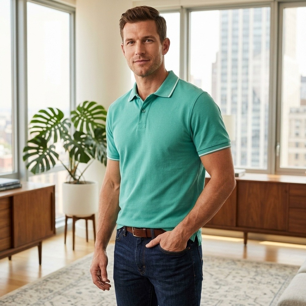 J.Crew Mens Slim Fit Pique Polo Shirt Green Tipped Collar Large